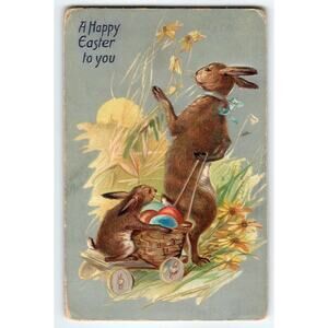 Easter Postcard Tuck Anthropomorphic Fantasy No 112 Bunny Rabbit Egg Cart 1909